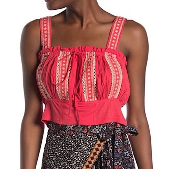 Free People Hill embroidered peasant crop top red ivory - Picture 1 of 4